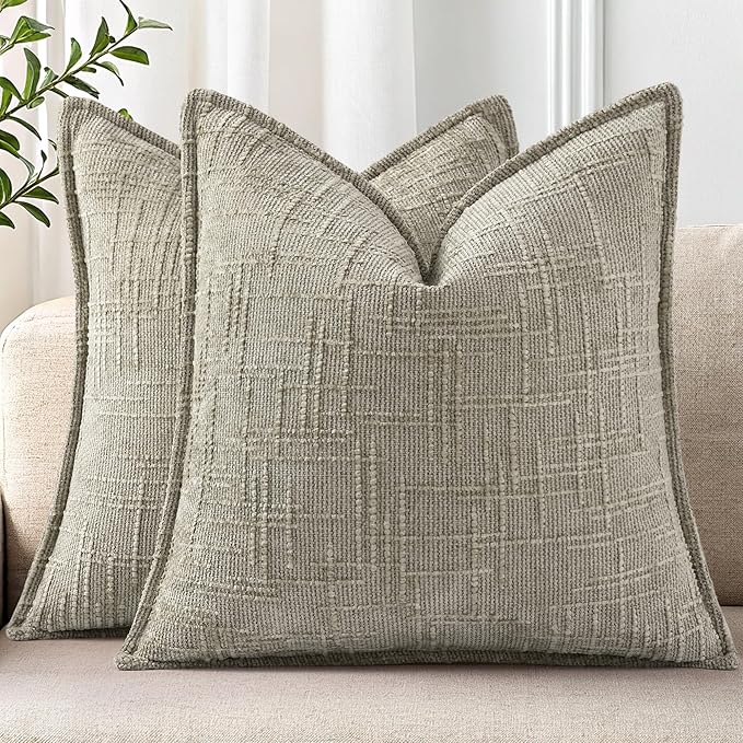 decorUhome Chenille Throw Pillow Covers 16x16 Set of 2, Soft Textured Slubby Modern Decorative Pillow Covers with Elegant Design for Couch, Sofa, Living Room, Light Brown