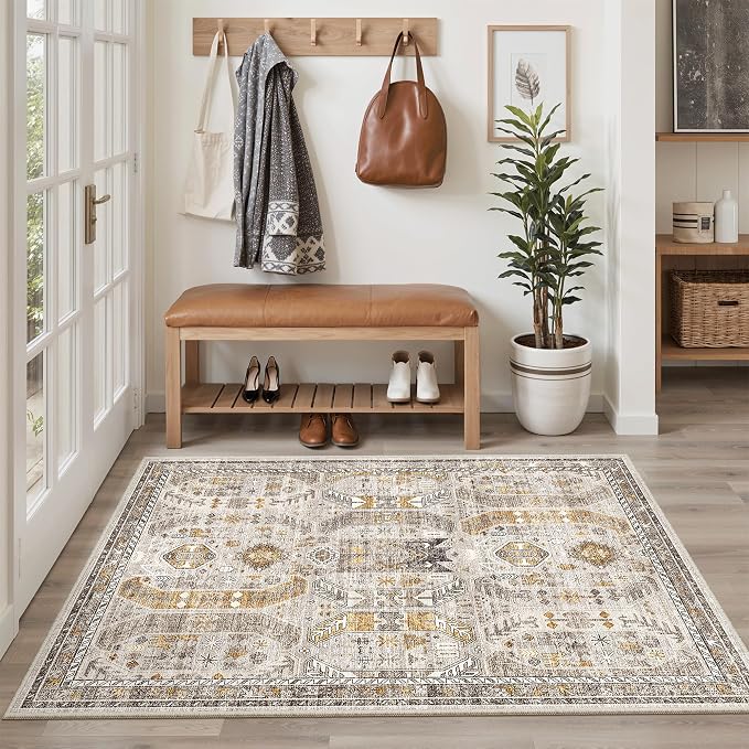 Madane Area Rug 3x5, Washable Vintage Entry Rugs for Bedroom, Brown/Gold | Vintage Entryway Bedroom Non Slip Door Mat Indoor Entrance, Kitchen Runner Living Room Laundry Playroom Soft Floor Carpets