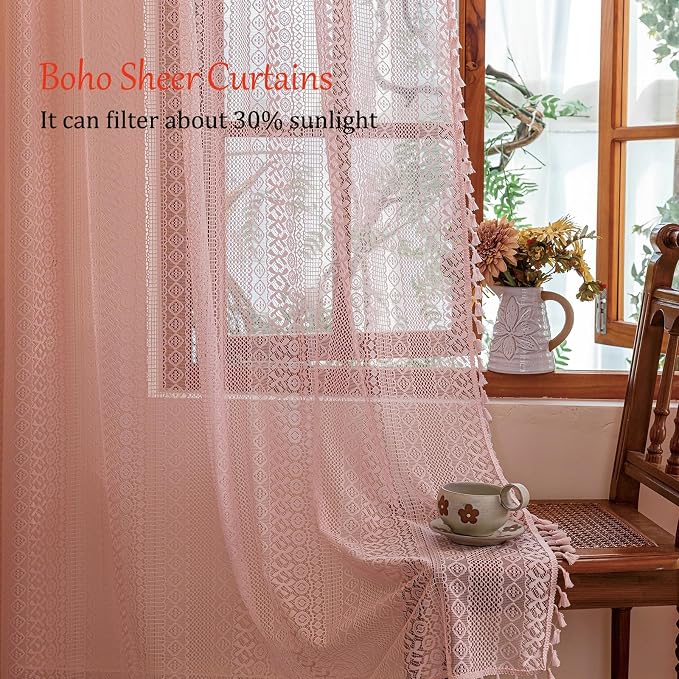 Sutuo Home Boho Sheer Curtains 96 inches Long for Living Room Dining Room, Lace Curtains Farmhouse Crochet Vintage Chic Princess Drapes Tassels Valentine's Decor Rod Pocket, 2 Panels 50" W,Light Pink