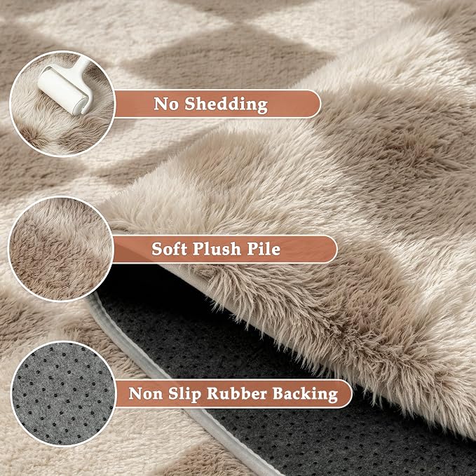 PureCozy Brown 9x12 Area Rug for Living Room Washable Non Slip Neutral Soft Bedroom Checkered Carpet Colorful Fluffy Modern Shag Fuzzy Indoor Large Aesthetic Bedroom Home Office Playroom Nursery