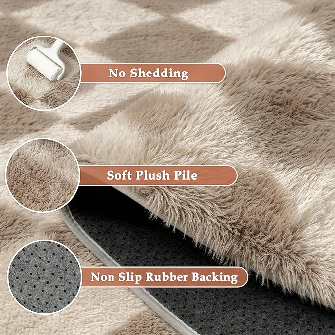 PureCozy Brown 5x7 Area Rug for Living Room Washable Non Slip Neutral Soft Bedroom Checkered Carpet Colorful Fluffy Modern Shag Fuzzy Indoor Large Aesthetic Bedroom Home Office Playroom Nursery