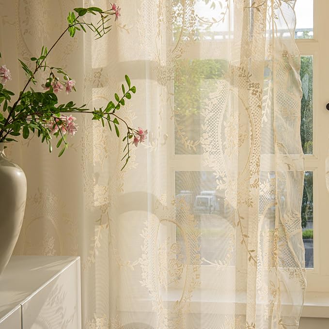 Sutuo Home Beige Lace Curtains 72 Inches Long 2 Panels Set, Sheer Panels Rose Floral Embroidery Ruffled Vintage Window Treatment Pair for Nursery Bedroom Living Room, Rod Pocket, W57 x L72
