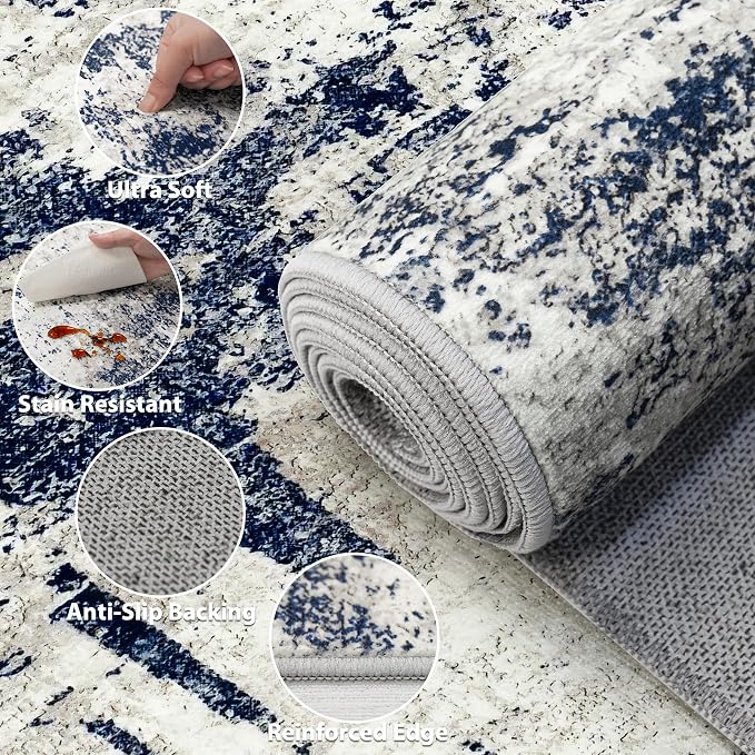 8x10 Area Rug for Living Room Bedroom: Abstract Washable Rug with Anti-Slip Backing Non-Shedding Stain-Resistant Soft Large Carpet for Dining Room Nursery Home Office - Gray/Blue