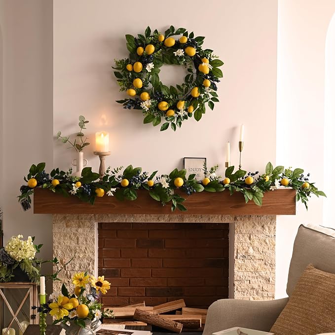 Valery Madelyn 6ft Artificial Lemon Garland for Mantel Summer Decor(Thick) | Faux Lemons Eucalyptus & Blueberry Summer Garland with Lights for Stairs Table Fireplace Farmhouse Kitchen Home Decor