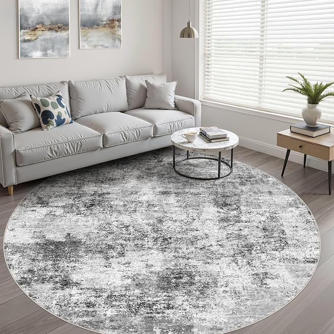 8ft Round Rug Living Room: 8x8 Washable Large Neutral Circle Area Rug Abstract Soft Modern Stain Resistant Indoor Floor Non-Slip Carpet for Bedroom Nursery Kids Office Playroom Dining Room- Black Gray