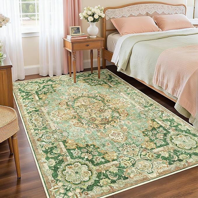 Boho Vintage Floral Area Rug 3x5, Low Pile Non Slip Washable Rug for Entryway Bedroom Living Room, Small Decorative Carpet,Sage Green