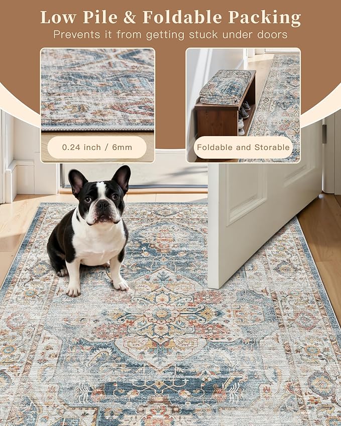 Madane Kitchen Runner 2'6''x8' Soft Rug Runners for Hallways, Navy | Vintage Machine Washable Printed Rugs 2.5x8 Ft, Non-Slip Low Pile Stain-Resistant 8ft Floor Carpet for Laundry Room, Corridor