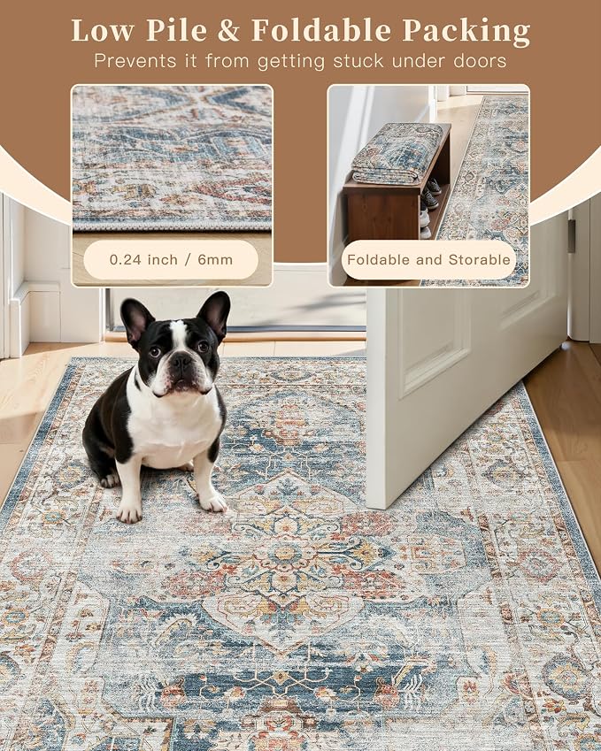 Madane Washable Runner Rug 2x6 Runners for Hallways Non Slip, Navy | Vintage Stain-Resistant 6 Feet Kitchen Rug, Soft Low-Pile Ultra-Thin Floor Carpet Mat for Bathroom Laundry Room Bedroom 2x6ft