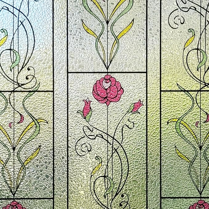 KESPEN WINDOW FILMS Window Privacy Film Stained Glass Frosted Glass Films Decorative Window Film with Rose Flower Static Cling Non-Adhesive Stickers Heat Control for Home, 35.4 Inch X 13.1 Feet