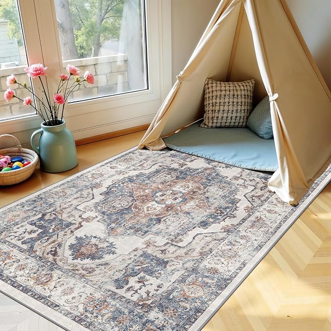 4x6 Living Room Area Rugs: Washable Boho Bedside Rugs Non-Slip Low Pile Small Carpet for Kitchen Bedroom Non-Shedding Floor Mat for Kids Room Office Dining Room(4x6，Brick)