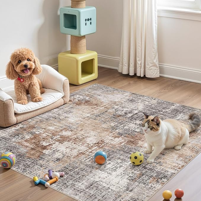 DMOYEST Square Area Rug Living Room Rugs - 5x5 Washable Large Soft Indoor Neutral Modern Abstract Low Pile Rug Carpet for Bedroom Dining Room Farmhouse Home Office - Grey Brown