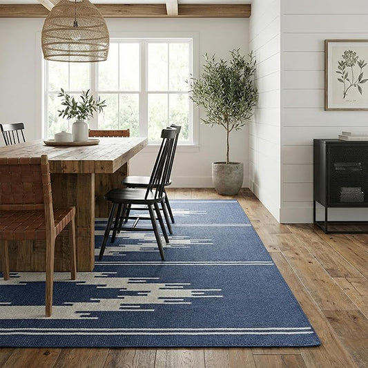 Fab Habitat Machine Washable Area Rug - Hand Woven, Stain Resistant, Pet Friendly, Reversible - Premium Recycled Polyester Yarn - Ikat - Bedroom, Living/Dining Room - Madison - Navy & Gray - 7 x 10 ft