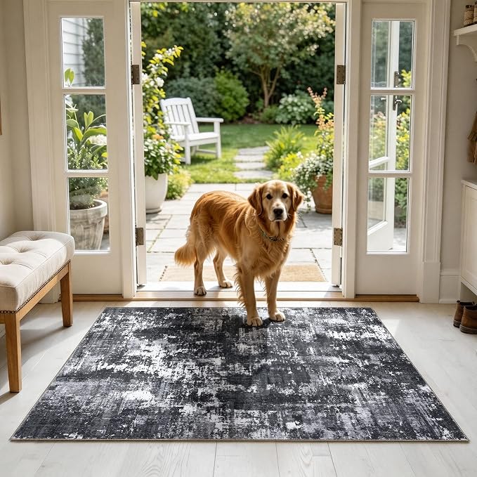 Sasttie 3x5 Area Rug for Entryway, Washable Modern Abstract Small Carpet for Living Room Bedroom Door-mat, Soft Entry Rug with Non-Slip Backing, Black and White
