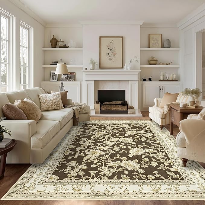 Browm Boho Living Room Rug 5x8, Washable Low Pile Non Slip Area Rugs for Bedroom, Dining Room, Office, Farmhouse Retro Carpet Indoor Gream Beige Tan Pattern Aesthetic Sketch Style Vintag Room Decor