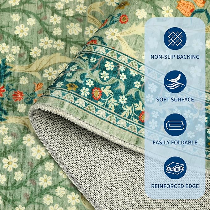 GarveeHome Floral Area Rugs 5x7, Sage Green Washable Rug for Living Room, Bedroom, Low Pile Non Slip Stain Resistance Indoor Boho Carpet Mat for Farmhouse, Dining Room, Office