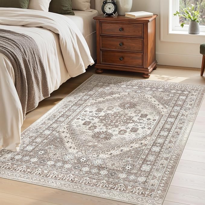 befbee 3x5 Rug, Ultra-Thin Area Rugs for Living Room,Non-Slip Lightweight Washable Rug for Bedroom,Kitchen,Entryway,Stain Resistant Small Carpet (Brown/Beige, 3'x5')