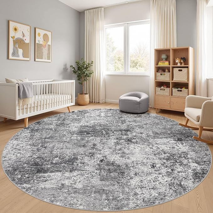 DMOYEST 10ft Round Area Rug Living Room Rugs - 10x10 Washable Circle Rug Large Soft Indoor Neutral Modern Abstract Low Pile Carpet for Bedroom Dining Room Farmhouse Home Office - Grey