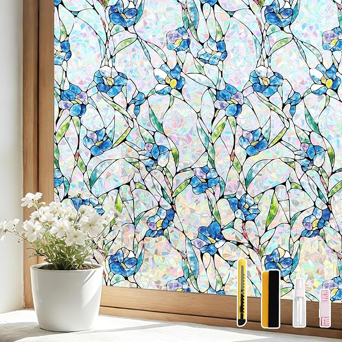 Finnez Window Privacy Film 3D Static Cling Window Film with Rainbow Effect, No Glue Heat Control & 99% UV Blocking for Home Office, Decorative Glass Cover 17.5" x 6.5'