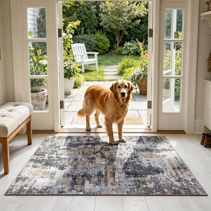Sasttie 3x5 Area Rug for Entryway, Washable Modern Abstract Small Carpet for Living Room Bedroom Door-mat, Soft Entry Rug with Non-Slip Backing, Black and Cream