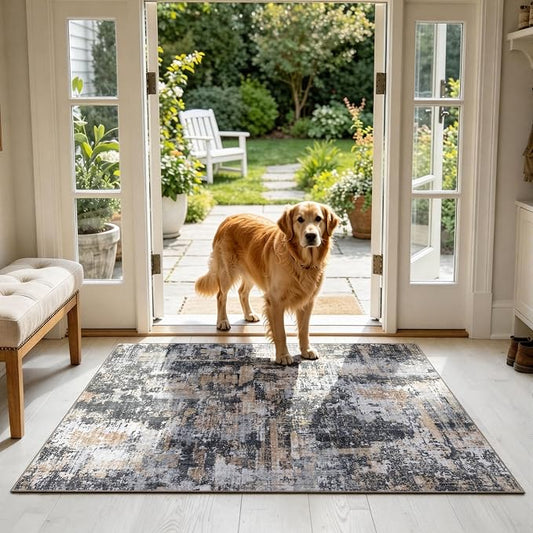 Sasttie 3x5 Area Rug for Entryway, Washable Modern Abstract Small Carpet for Living Room Bedroom Door-mat, Soft Entry Rug with Non-Slip Backing, Black and Cream