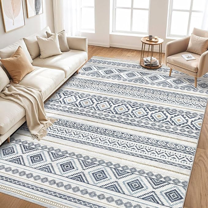cotiled 5x8 Area Rugs Living Room Rug: Washable Boho Rugs with Non Slip Backing Large Soft Indoor Stain Resistant Carpet for Bedroom Farmhouse Dining Room Lightweight Home Decor Blue