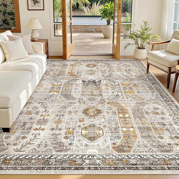 Madane 5x7 Area Rugs for Living Room, Non-Slip Washable Rug, Brown/Gold | Ultra-Thin Stain Resistant Vintage Large 5'X7' Carpet, Soft Low Pile Floor Mat For Bedroom Dining Room Office Home Decor