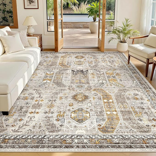 Madane 5x7 Area Rugs for Living Room, Non-Slip Washable Rug, Brown/Gold | Ultra-Thin Stain Resistant Vintage Large 5'X7' Carpet, Soft Low Pile Floor Mat For Bedroom Dining Room Office Home Decor