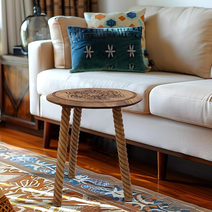 COTTON CRAFT Solid Wood End Table - Hand Carved Accent Table - Global Boho Side Table - Easy to Assemble Round Table - Small Spaces Entryway Living Room Bedside Farmhouse - 18 Inches Round - Natural
