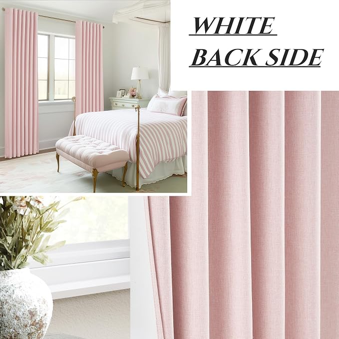 QJmydeco 102 Inch Long Baby Pink Curtains 2 Panels Set for Living Room, Modern Pleated Linen Blend Black Out Aesthetic Curtain for Bedroom with Track Rod Pocket Insulating Soundproof Windows Drapes