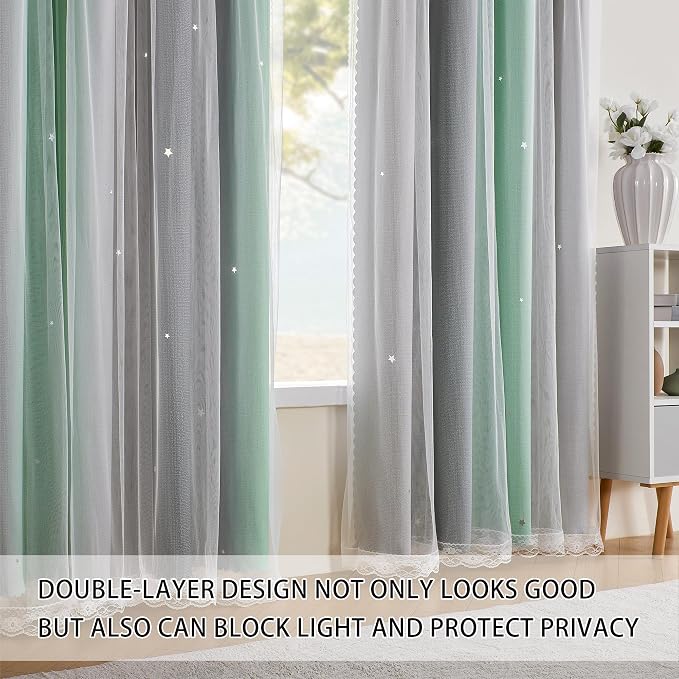 XiDi Green Grey Curtains for Girls Bedroom Decor Kids Blackout Curtains for Nursery Room Darkening Rainbow Princess Unicorn Wall Decals Little Girl 34x54 Inches Long 2 Panels Set