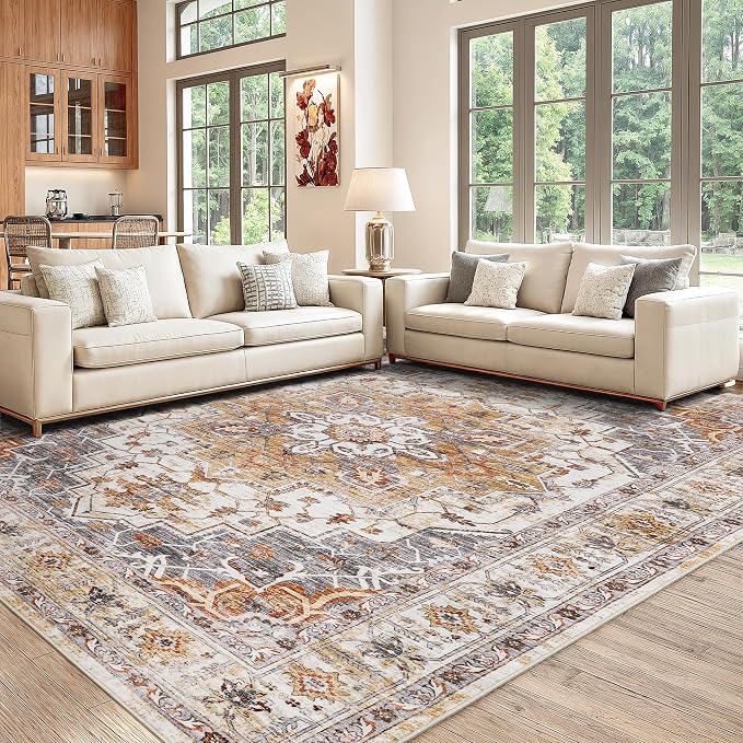 befbee Washable Area Rug 8x10, Large Soft Rugs for Living Room Stain Resistant Non-Slip Backing Rugs for Bedroom, Vintage Clearance Large Area Rug (Turmeric/Grey,8'x10')