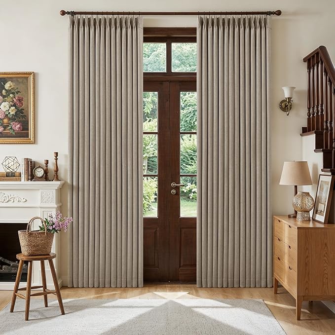 Deep Flax Linen Pinch Pleated Blackout Curtains 84 Inches Long for Bedroom Living Room Darkening 100% Black Out Pinch Pleat Drapes with Liner Light Taupe Neutral 84 Inch Curtain for Dining Room