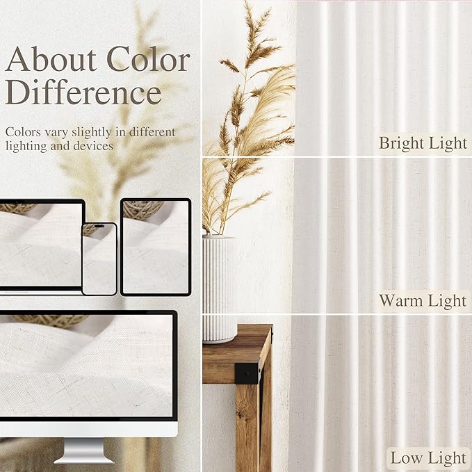 Ivory White Linen Curtains for Living Room 100 Inches Long Light Filtering Semi Sheer Curtain Back Tab Rustic Luxury Neutral Modern Farmhouse Decor Drapes for Bedroom Dinner Room 52x100, 2 Panels