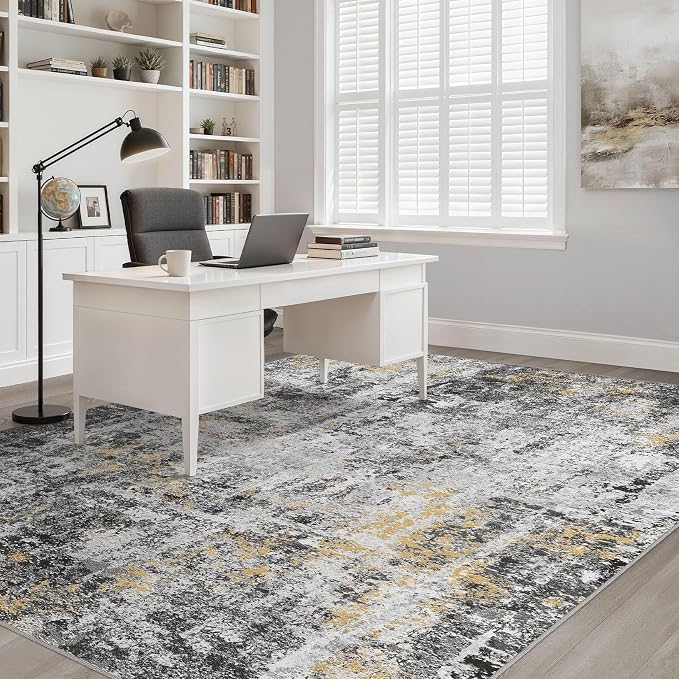 10x12 Area Rug Living Room: Washable Large Neutral Rug Abstract Soft Modern Stain Resistant Indoor Floor Non-Slip Carpet for Bedroom Nursery Kids Office Playroom Dining Room Under Table- Black Gold