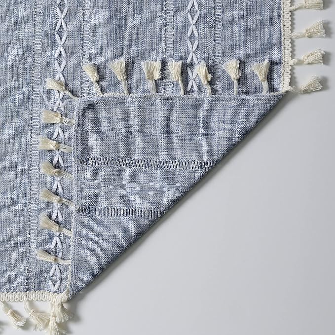 RoomTalks Boho Kitchen Valances for Windows Embroidered French Striped Farmhouse Vintage Chic Textured Tassel Curtain Valances for Bathroom Living Room Bohemian Decor (18’’L x 52’’W, Blue)