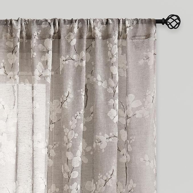 Fmfunctex Linen Sheer Curtains for Bedroom, Tan White Blossom Print Curtains 84 Inches Long for Living Room, Taupe Floral Patterned Farmhouse Curtain Light Filtering Window Drapes 2 Panels, Rod Pocket