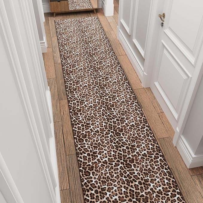 Ottomanson Aisle Runner Rug 2'7" x 18' – Soft Non-Slip Rug, Low Pile Carpet for Hallways, Events, Churches & Extra-Long Indoor Spaces, Leopard Print Brown