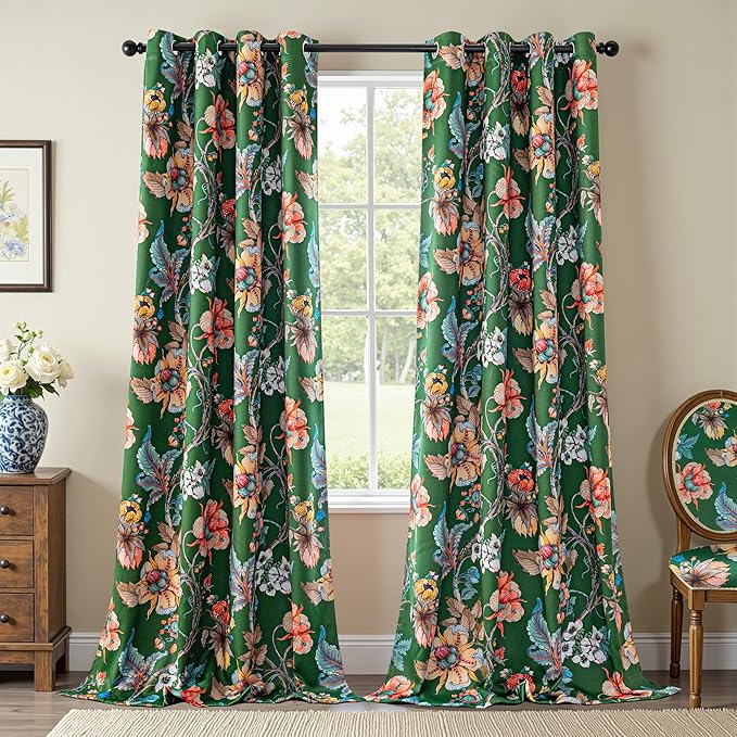 MYSKY HOME Floral 95% Blackout Curtains 108 inches Length 2 Panels Set Black Out Thermal Insulated Privacy Protect Vintage Spring Window Treatment Grommet Top for Living Room Dining Room, 2 Pcs, Green