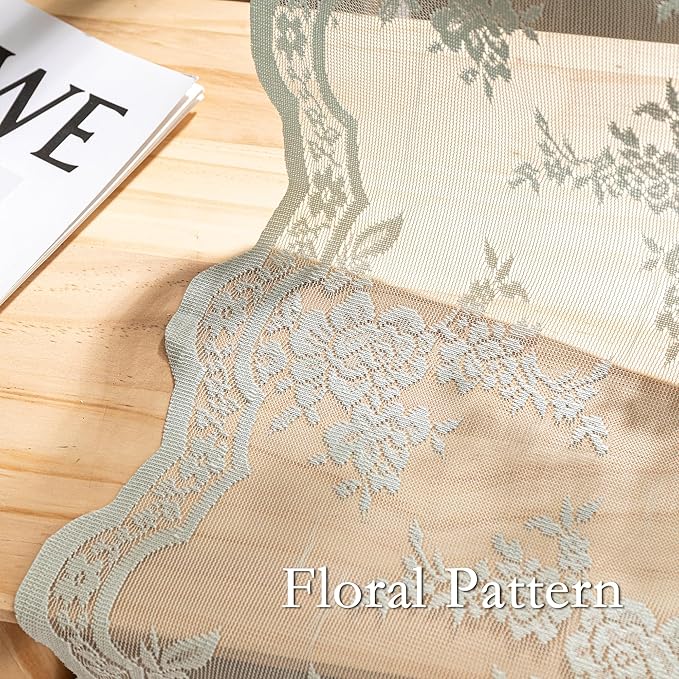 MEETSKY Sage Green Lace Curtains 72 Inch Length Vintage French Floral Patterned Boho Sheer Window Panels Rod Pocket Transparent Light Filtering Drapes for Living Room, 50" W Each Panel, Pack-2