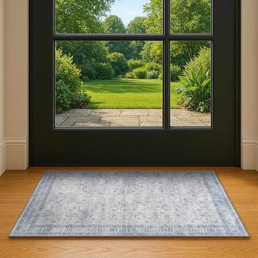 Gray Oushak Area Rug 2'5x5' - Washable Area Rugs, Non-Slip Small Throw, Vintage Low Pile Turkish Eclectic Floral Pastel, Accent Area Rug for Living Room, Bedroom Kitchen, Bathroom, Kids Room