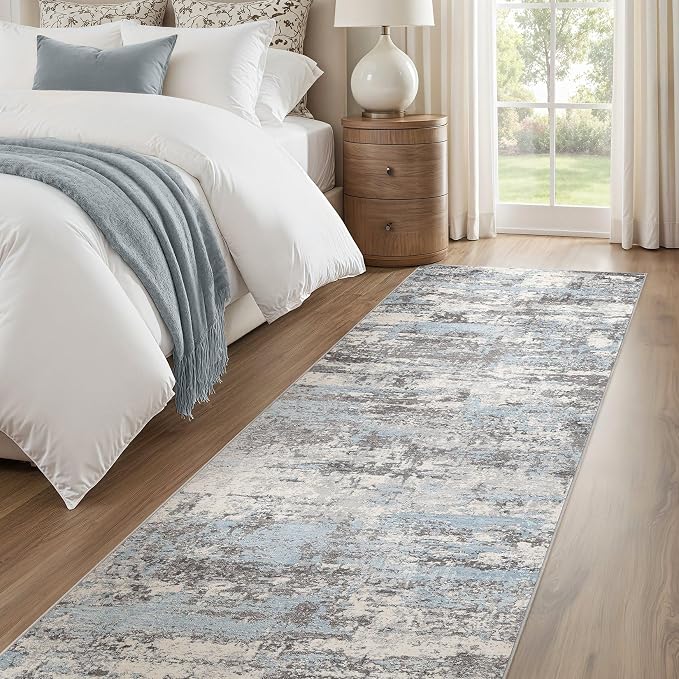 Hallway Washable Runner Rug: 3x8 Abstract Modern Soft Stain Resistant Non-Slip Backing Runner for for Entryway Kitchen Laundry - Blue Grey