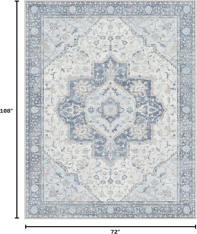 GENIMO 6x9 Area Rugs for Living Room, Machine Washable Non Slip Vintage Rugs, Low Pile Lightweight Chenille Print Rug for Bedroom, Dining Room, Home Office, Light Blue