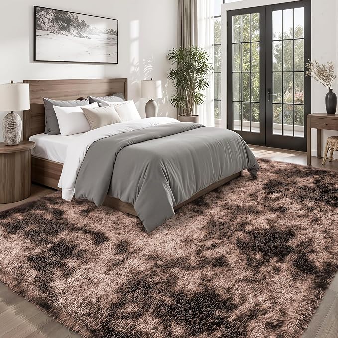 Area Rug for Living Room Bedroom: 9x12 Soft Fluffy Shag Upgrade Non-Slip High Pile Carpet Large Fuzzy Plush Indoor Floor Decor Shaggy Coffe Tie-Dyed Rug for Kid Boys Girls Playroom Nursery Modern Home