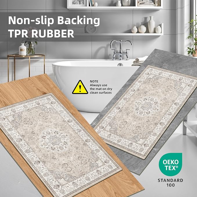 Washable Kitchen Rug Set of 3: Boho Non-slip Soft Stove Sink Mat Light Weight Stain Resistant Carpet for Dog Bowl Area Comfort Tile/Hardwood Floors Protection Mat for Entryway Foyer(2x3+2x4+2x5,Beige)