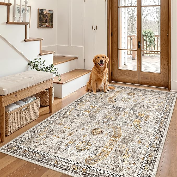 Madane Area Rug 3x5, Washable Vintage Entry Rugs for Bedroom, Brown/Gold | Vintage Entryway Bedroom Non Slip Door Mat Indoor Entrance, Kitchen Runner Living Room Laundry Playroom Soft Floor Carpets
