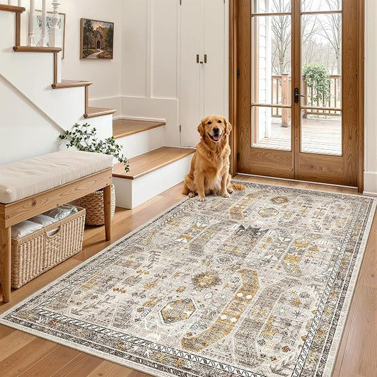 Madane Area Rug 3x5, Washable Vintage Entry Rugs for Bedroom, Brown/Gold | Vintage Entryway Bedroom Non Slip Door Mat Indoor Entrance, Kitchen Runner Living Room Laundry Playroom Soft Floor Carpets