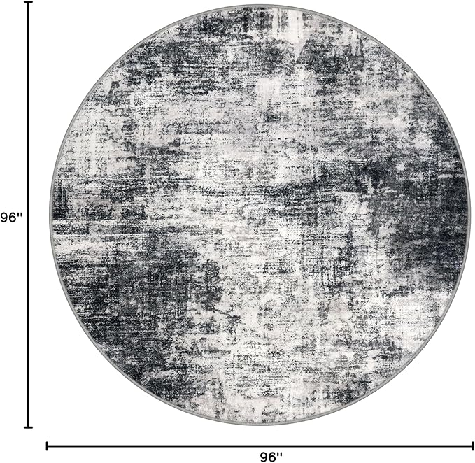 IOHOUZE Abstract Round Area Rug 8 Ft Washable Circle Rugs Large Round Rug Non Slip Thin Soft Circle Rugs, Printed Faux Wool Floor Carpet for Bedroom Living Room Dining Room Nursery, Black Grey