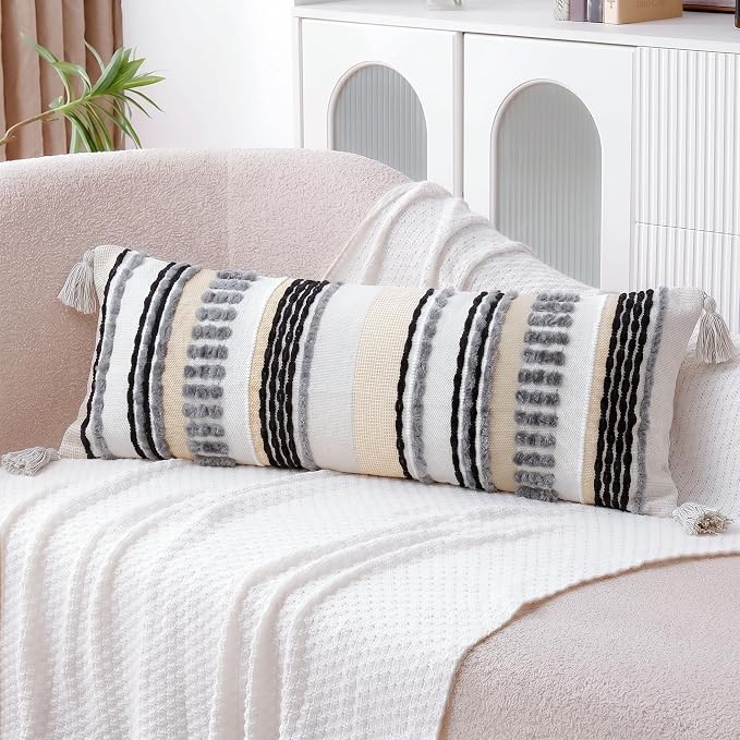 NUYECY Chenille and Cotton Long Pillow for Bed, Striped Textured Boho Lumbar Throw Pillow Cover 12x36, Neutral Accent Decorative Extra Long Body Pillow Case for Couch, Sofa, Bedroom, Grey