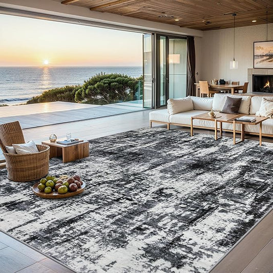 Area Rugs 9x12 Living Room - Washable Rug Modern Abstract Soft Large Neutral Non-Slip Carpet Indoor Floor Thin Carpets for Bedroom Dining Room Farmhouse Nursery Home Office Black