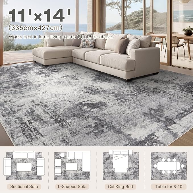 Abstract 11x14 Area Rug: Machine Washable Non Slip Ultra Thin Low-Pile Carpet, Soft Stain Resistant for Living Dining Room Bedroom, Kid Pet Friendly, Robot Vacuum Compatible - Grey